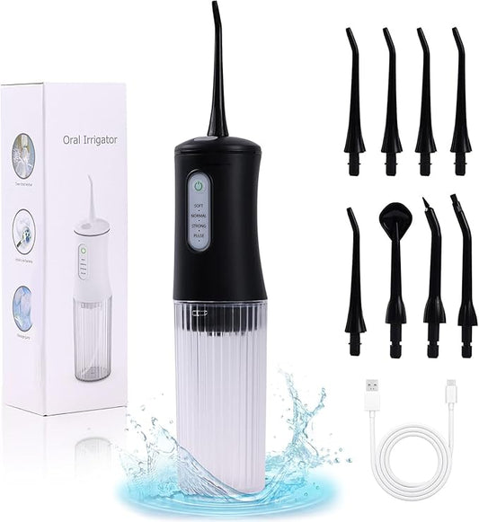 Cordless Water Flosser for Teeth Cleaning Pick - Electric Dental Irrigator with 4 Cleaning Modes & 8 Jet Tips, IPX7 Waterproof, Portable Rechargeable Design for Home & Travel Use,Black