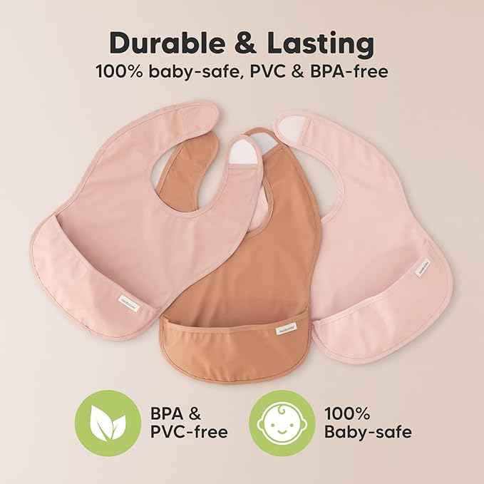 3-Pack Waterproof Baby Bibs for Eating - Lightweight Toddler Feeding Bibs with Large Food Catcher, Mess Proof, Food-Grade Baby Eating Essentials, Easy to Put On & Clean (Bloom)