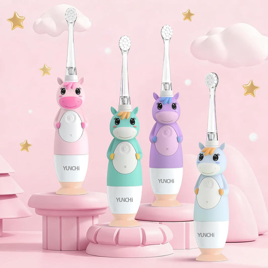 YUNCHI Toddler Electric Toothbrush Kids 0-3-6 Years, Baby Electric Toothbrush with Colorful LED Light, Battery Powered Toddler Toothbrush with 2 Minutes Timer 4 Brush Heads, Infant Toothbrush (Pink)