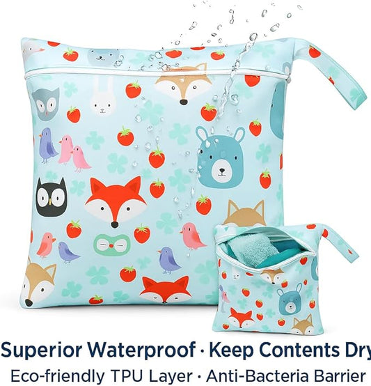 Waterproof Wet Dry Bag, Reusable Diaper Pouch with Zipper, Machine Washable Travel Organizer for Beach, Daycare, Kids, Dinosaur Pattern (Red Fox)
