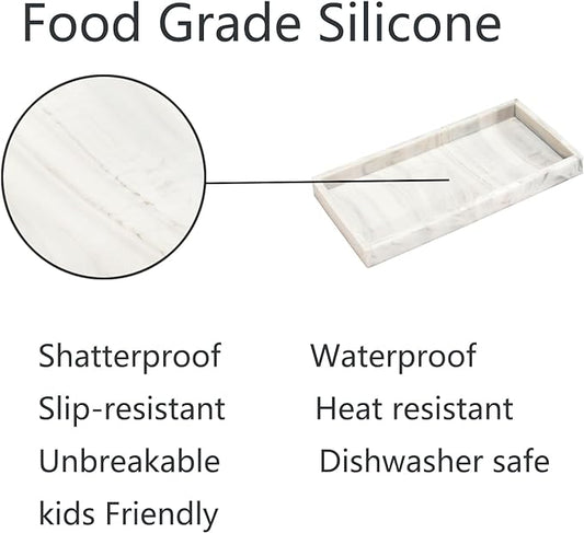 DNC Silicone Bathroom Vanity Tray for Counter, 11.8" Kitchen Sink Soap Tray for Dish Holder Dispenser Countertop Toilet Tank Decor Organizer Marble White