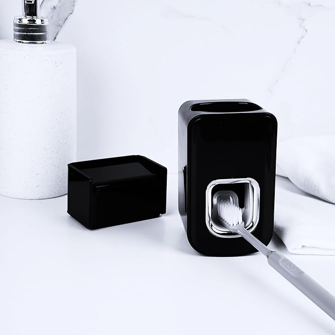 2 Slots Wall Mount Toothbrush Holder with Cover, Self Adhesive Toothbrush Storage Organizer for Shower, Toothbrush Hanger with Automatic Toothpaste Squeezer Dispenser(Black)