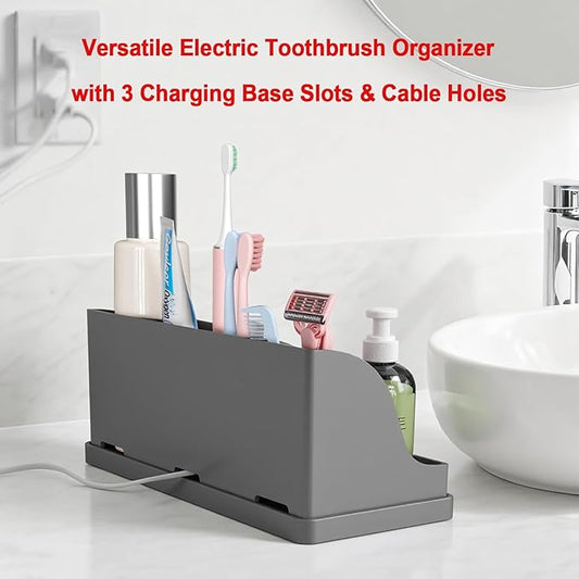 Large Silicone Bathroom Toothbrush Holder with Drainage, Electric Family Size Toothbrush Holder 7 Slots Countertop Toothpaste Holder Stand Organizer for Kids and Adult, Grey