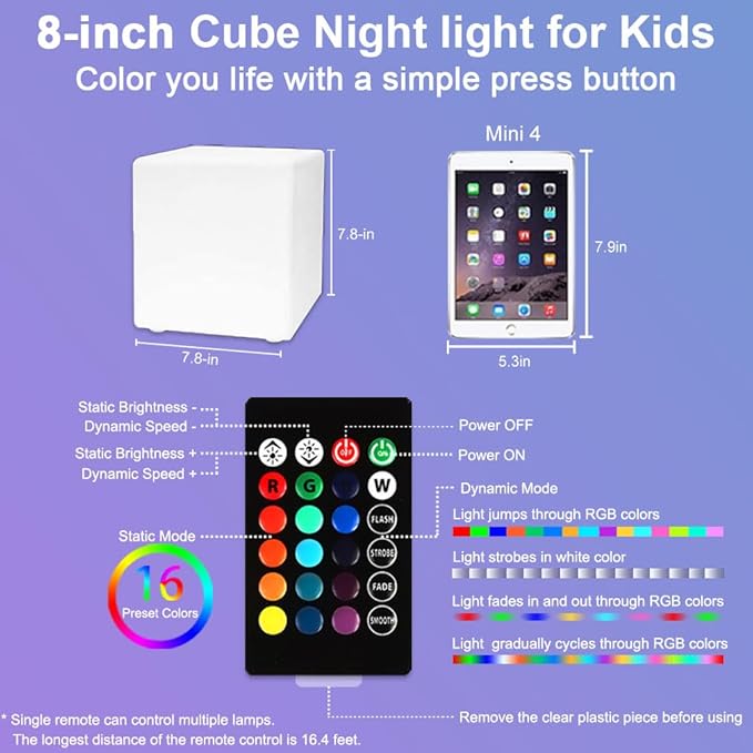 8-in LED Cube Night Light Mood Lamp, Cordless LED Light Cubes for Kid, Rechargeable 16 RGB Colors Changing Light Up Cube Bedside Lamp w/Remote, Waterproof Nursery Kid Stool for Home Patio Garden Party