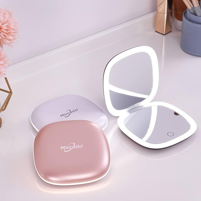 Mocado Compact LED Magnifying Travel Makeup-Mirror - 4 inches 1X/10X Magnification Small Hand Pocket Dimmable Double Sided USB Rechargeable Touch Screen, Portable Tabletop Cosmetic (Rose Gold)