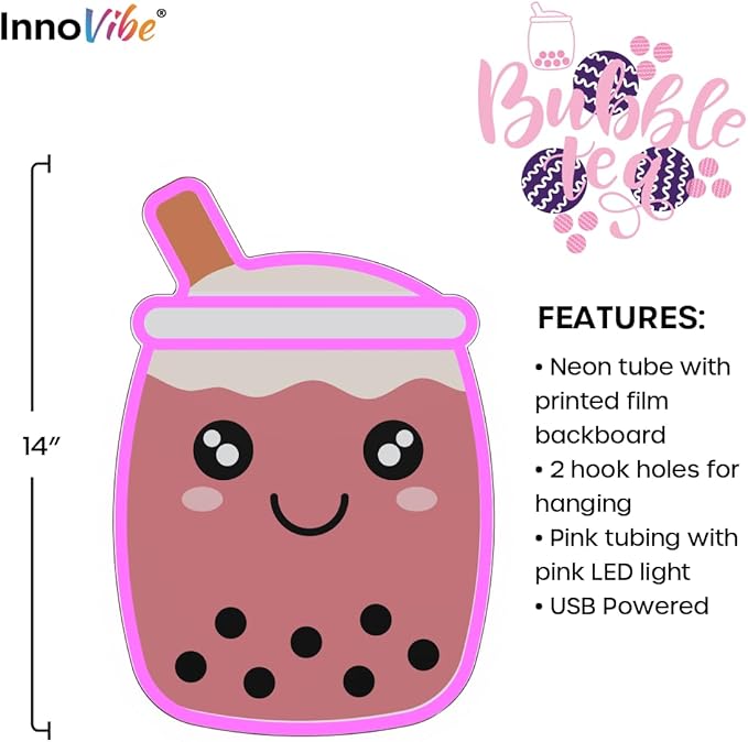 Bubble Tea NEON Wall Sign, Cute Drink LED Light, Wall Decor, Perfect for Holiday and Birthday Gift, Party Decor, Pink Bubble Tea with face for Kids Room, Bar, Restaurant