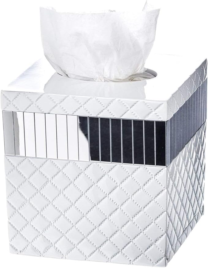 Creative Scents Quilted Mirror White Bathroom Accessories Set - Decorative 6 Piece Bathroom Set Includes: Trash Can, Tissue Box Cover, Soap Dispenser, Toothbrush Holder, Tumbler & Soap Dish