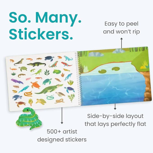 Cupkin Reptiles Sticker Book Activity for Kids, Toddler Airplane Travel Essentials, 500+ Frog Stickers for Kids + 12 Scenes + 12 Coloring Book Pages, Turtle Lover Gift, Crafts Ages 2-8