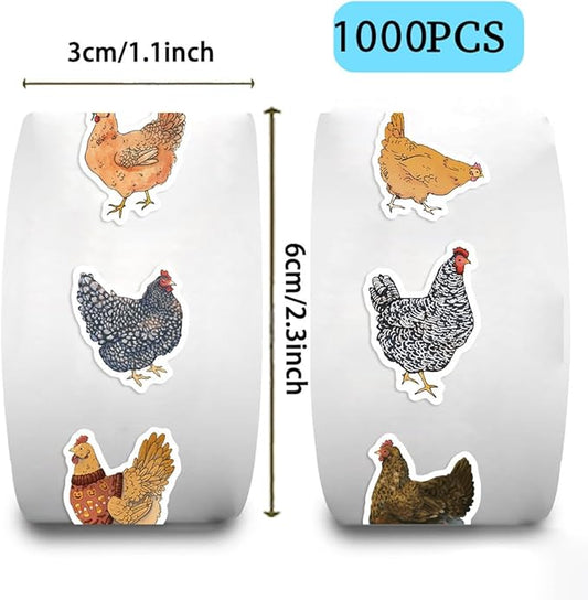 1000PCS Chicken Stickers Roll for Kids, 2 Rolls 10 Styles Cute Hen and Farm Stickers, Waterproof Vinyl Decals for Water Bottles Laptops Scrapbooking Party Favors Classroom Rewards
