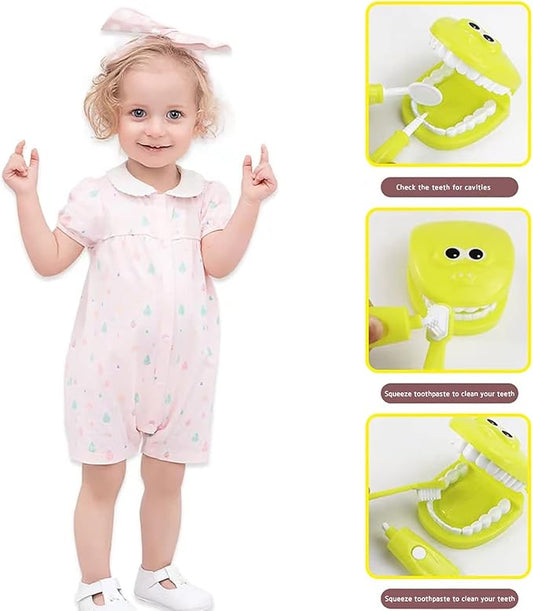 Dental Early Education Brushing Toys, 9Pcs/Set Children Role Play Toy Crocodile Cartoon Tooth Brushing Model Preschool Education Toy Dentist Game for Kids Classroom Yellow