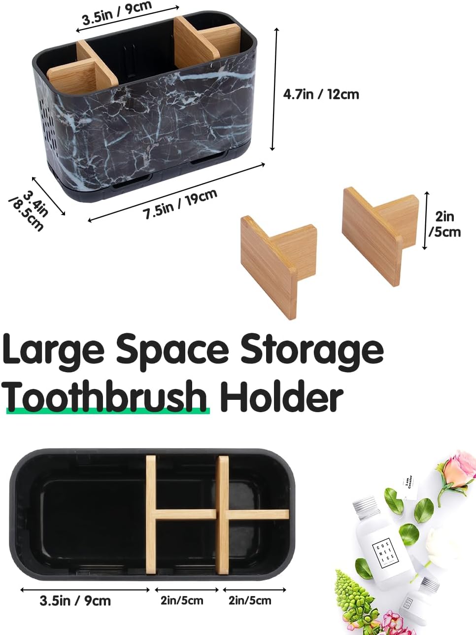 Marble Toothbrush Holders, 5 Slots Bamboo Toothbrush and Toothpaste Holder for Bathroom Counter with Drainage, Kids Electric Toothbrush Organizer, Black Toothbrush Holders for Bathrooms