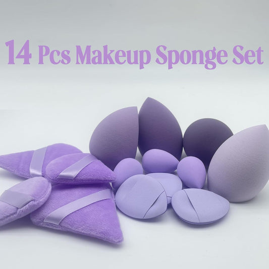 Makeup Sponge Set, 14 Pcs for Liquid Cream, and Powder Latex Free Makeup Blender Sponges Multi-colored for Makeup Application with Storage Box Purple Gifts