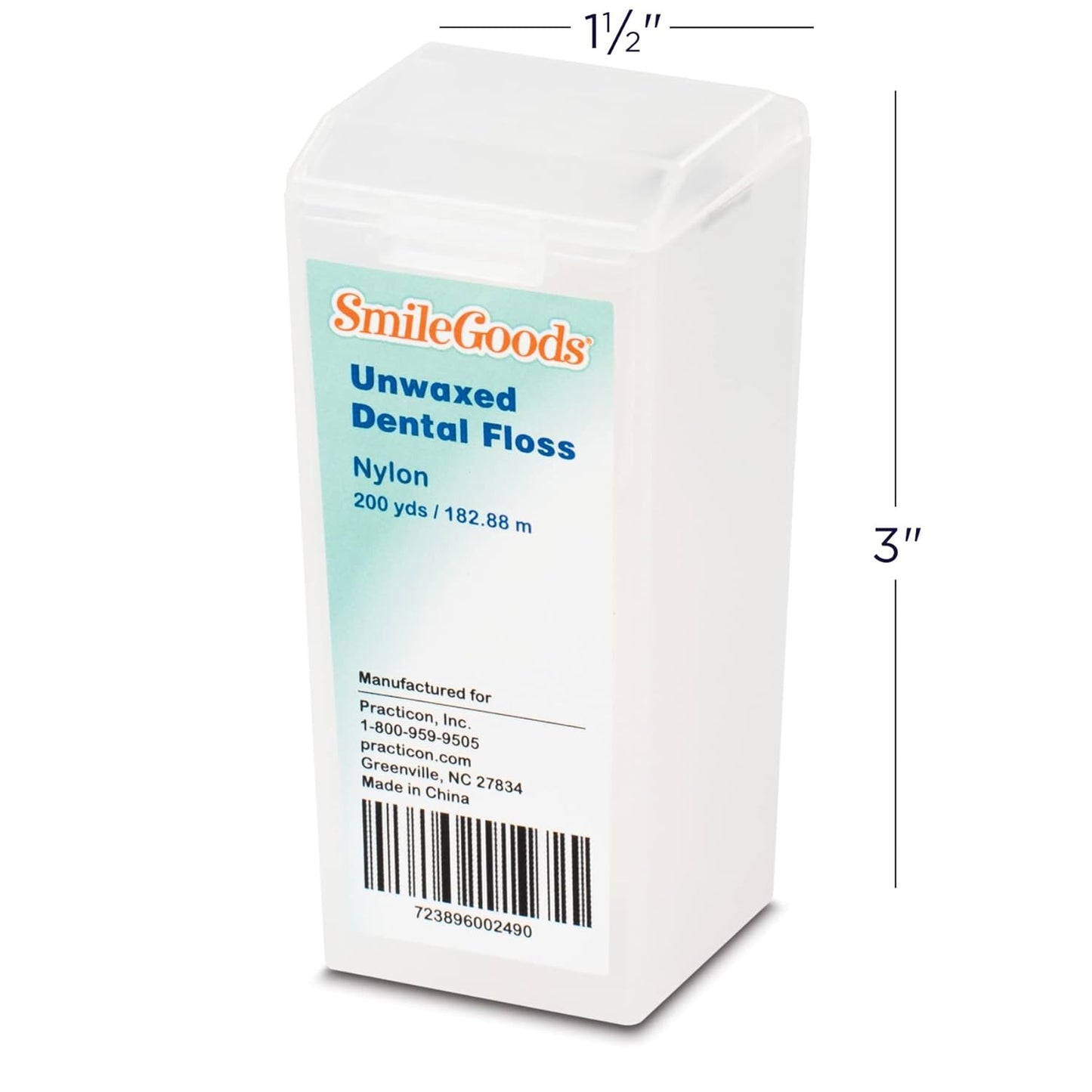 Practicon SmileGoods Unwaxed 200 Yard Dental Floss, Shred Resistant Nylon, Noncoated, Wax Less, Wax Free Floss, 1 Pack