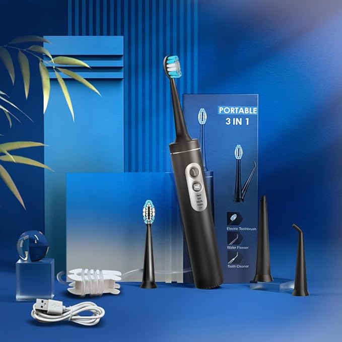 Electric Toothbrush with Water Flosser, 3 in 1 Electric Toothbrush with 4 Modes, Toothbrush and Water Flosser Combo for Adults, Water Flosser Portable for Travel and Home