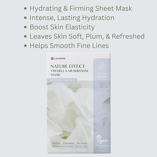 LEADERS Nature Effect Tremella Mushroom Mask - Hydrating & Elasticity Boosting Face Mask with Vegan Collagen, Moisturizing and Heals Dry Skin with Serum Content, Vegan Certified - 10 Sheets