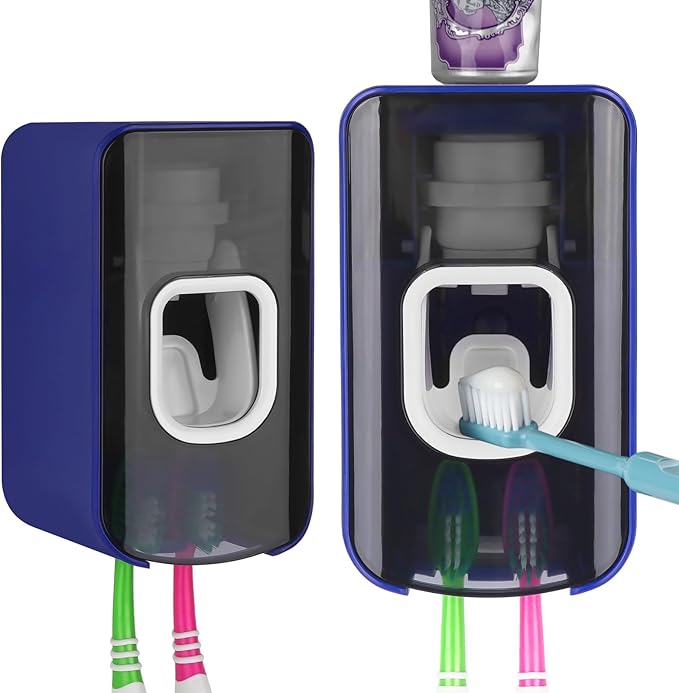 2 Slot Toothbrush Holder and Toothpaste Dispenser Wall Mounted, Automatic Toothpaste Squeezer, 2 in 1 Tooth Brush Toothpaste Organizer for Shower (Dark Blue 2Pack)