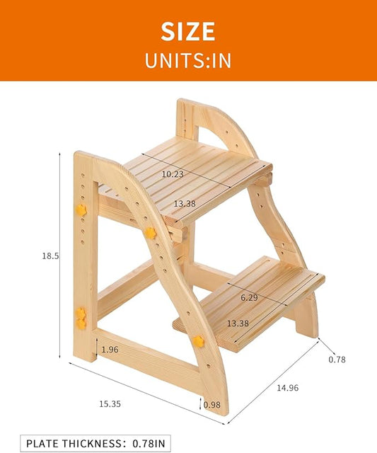 Wooden Step Stool for Kids, Adjustable Toddlers Two Step Stool Wood for Bathroom Kitchen, Non-Slip Beside Stepping Stool with 200 lbs Capacity (Natural Pine)