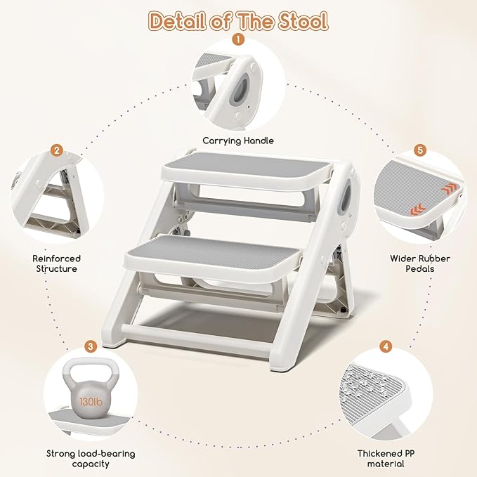 Foldable Toddler Step Stool for Bathroom Sink - 2-Step Kids Stool for Potty Training, Kitchen Counter & Bedroom, Sturdy Non-Slip Child Safety Stool Helper