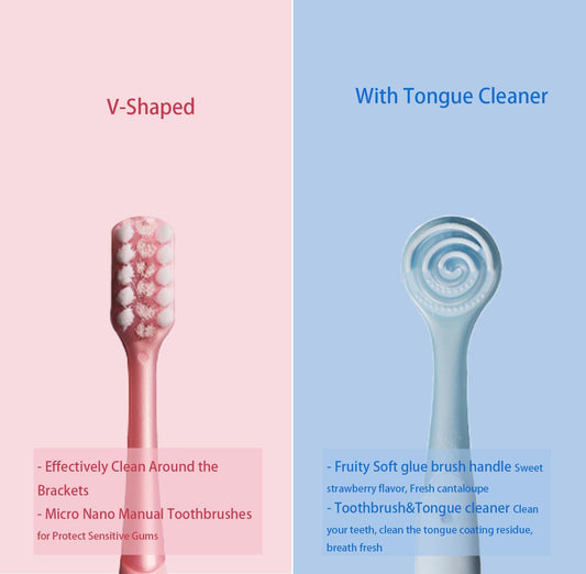 V-Shaped Orthodontic Toothbrush Dental Brush for Braces, for Kids/Teens/Adult, for Sensitive Teeth, for Delicate Gums, Soft Bristles, Toothbrush for Braces, with Tongue Cleaner, Blue, 3pcs