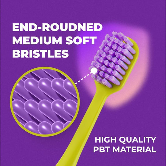 Medium Soft Toothbrush for Adults | Ultra-Dense Rounded Bristles | Gentle on Gums | Deep Plaque Removal | Whiter Smile | Suitable for Braces | 2 Pack Multicolor