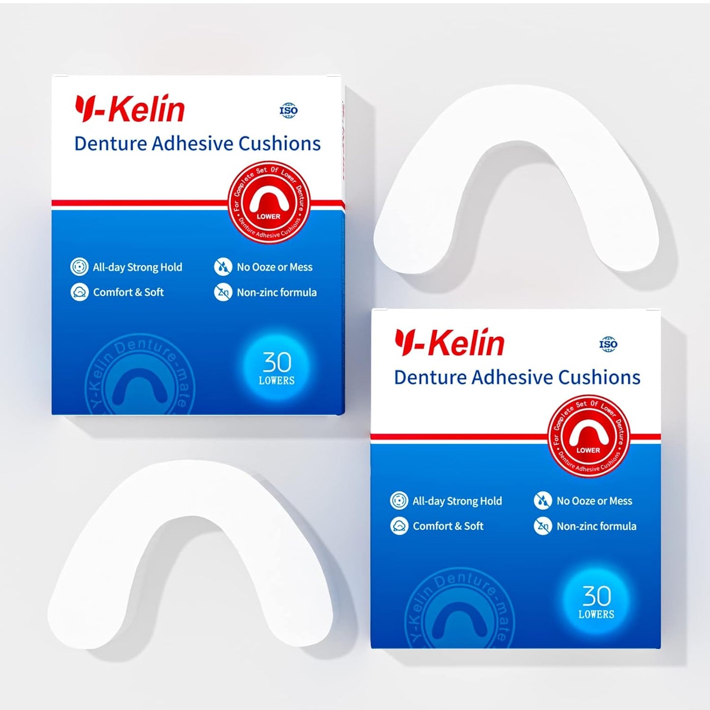 Y-Kelin Lower Denture Adhesive Cushions, Adhesive-Free Denture Pads for Sore Gums, 30 Pads*2 (60 Strips)