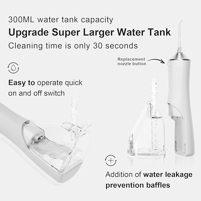 Water Dental Flosser for Teeth, Portable Cordless Water Flosser with 300ML Rechargeable with Type-C, IPX7 Waterproof Water Flossers for Adults with 3 Intensity Modes and 3 Flossing Tips Silver White