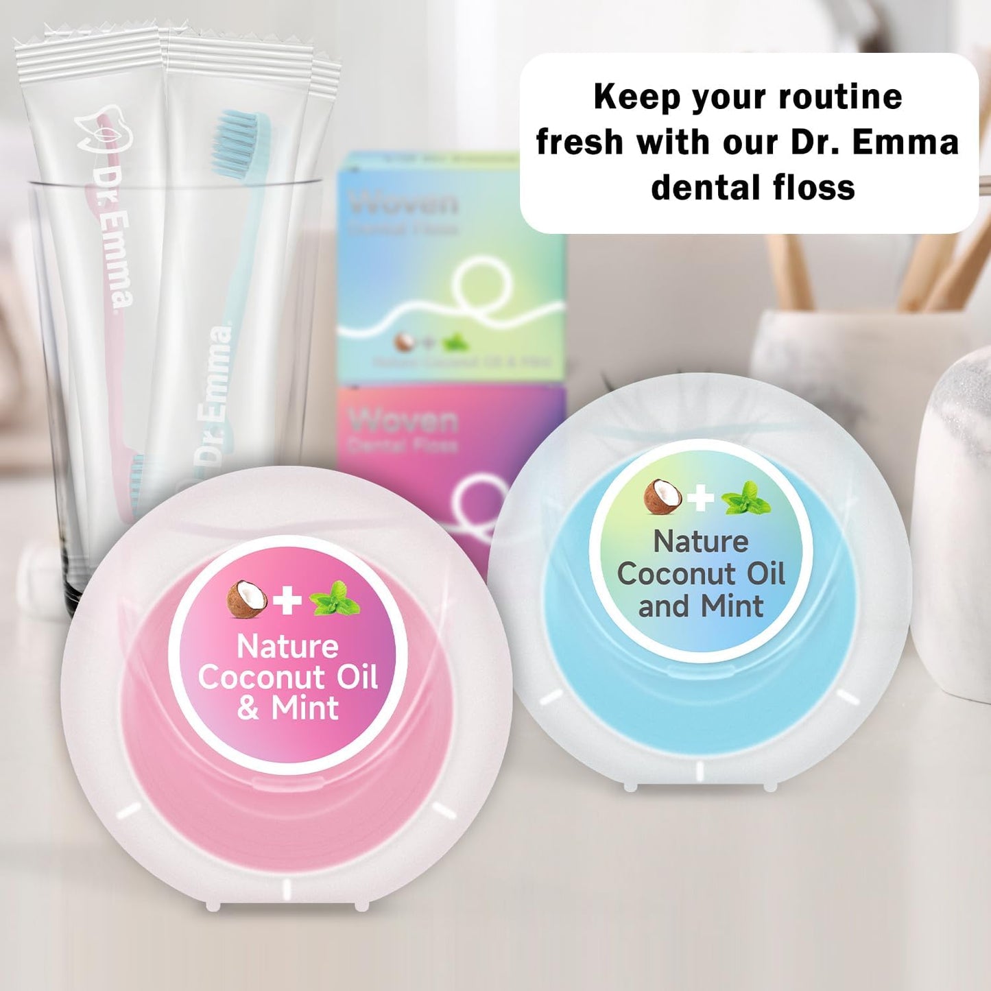 Dr. Emma Woven Dental Floss Coconut Oil Infused Expanding Dental Floss, Oral Care Stretchable Floss, Mint 33yd Pink, Pack of 4