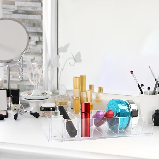 Acrylic Makeup Organizer,4 Pack Makeup Compact Organizer Detachable Makeup Organizer Clear Vanity Drawer Organizer, 8 Spaces Clear Cosmetic Display Case for Bathroom, 10x3.3x1.7 Inches
