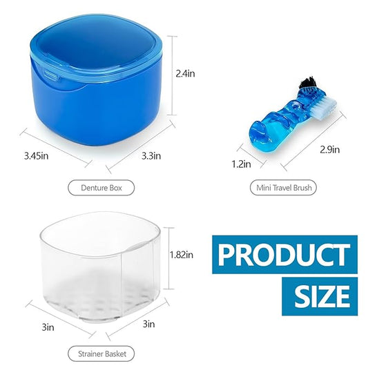Denture Cleaning Case Dental Retainer Container Soaking Cup with Brush, Denture Storage Bath Box Case Cup Mouthguard Storage Holder Travel - Leak Proof with Lid Waterproof - Blue