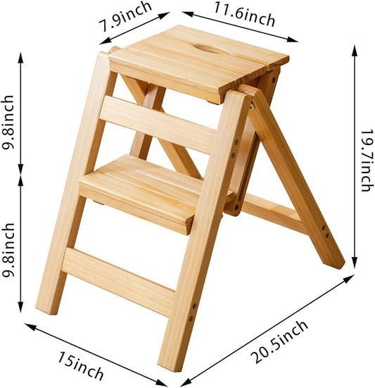 Latifolia Foldable 2 Step Stool, Wooden Step Stool with Floor Saver, Decorative Ladder Shelf for Living Room, Kitchen, Garden(Nature)