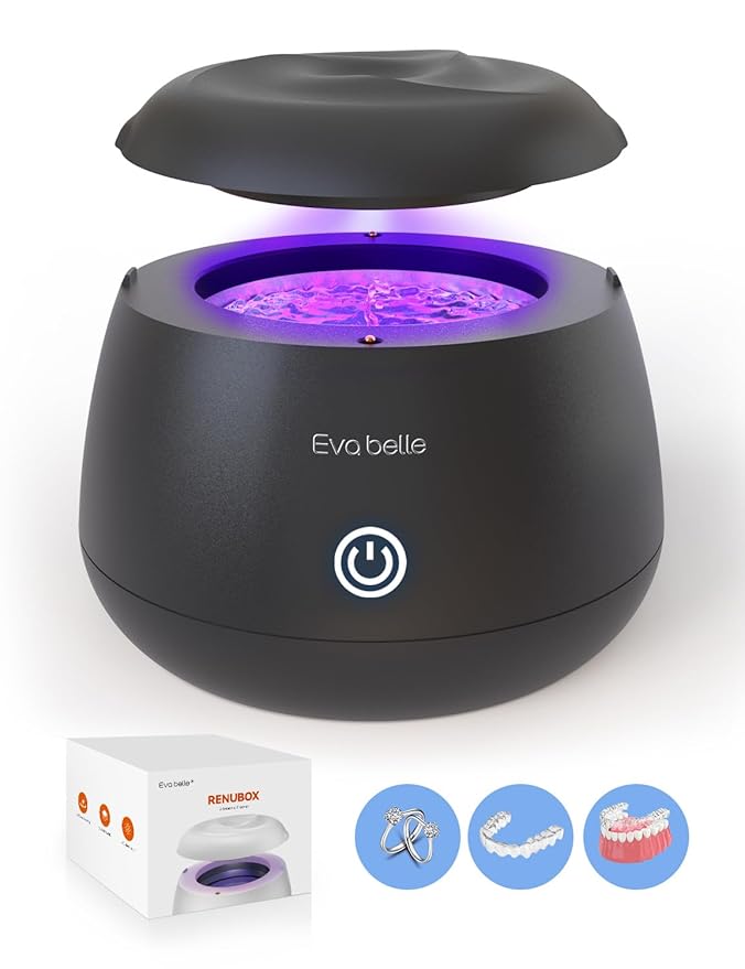 Ultrasonic Retainer Cleaner, EVA BELLE Denture Retainer Cleaner Machine, Tooth Cleaner for Oral Dental Care, Portable Rechargeable Dental Cleaning Pod for Night Guards, Braces, Aligner, Jewelry