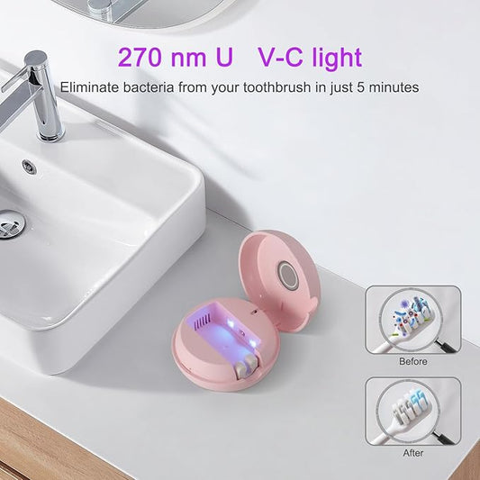 Toothbrush Holder, Toothbrush Cleaner Case, Portable USB Charging Toothbrush Cover with U V-C Light, Travel Toothbrush Holder (Pink-Mirror)