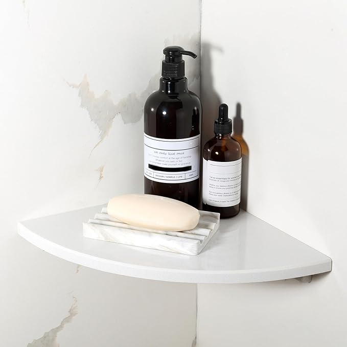 Koville White Natural Marble Corner Shelf, Wall Mounting Corner Shelf Organizers Storage for Bathroom Kitchen, Polished Marble Surface Wall Mounted Stone Shower Caddy for Bath
