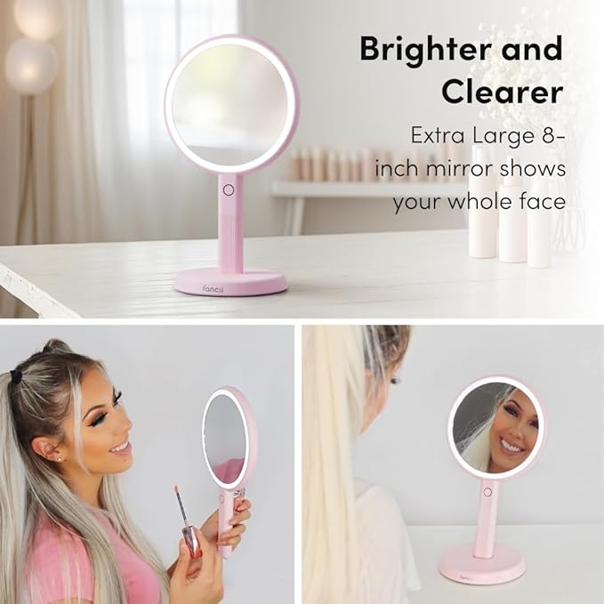 Fancii Cami Handheld Travel Makeup Mirror with Lights, Rechargeable, Extra Large, Double Sided 5X / 1X Magnifying Mirror - 3 Color Lighting, Handheld or Vanity (Strawberry Cream)