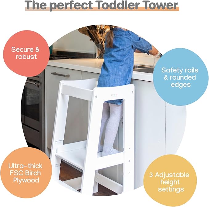 Stepup Baby Toddler Step Stool - Adjustable Height Kids Helper Step Stool, Durable, Non-Slip and Bathroom Sink, Platform for Kitchen, Toddler Tower for Exploration and Growth - Grey