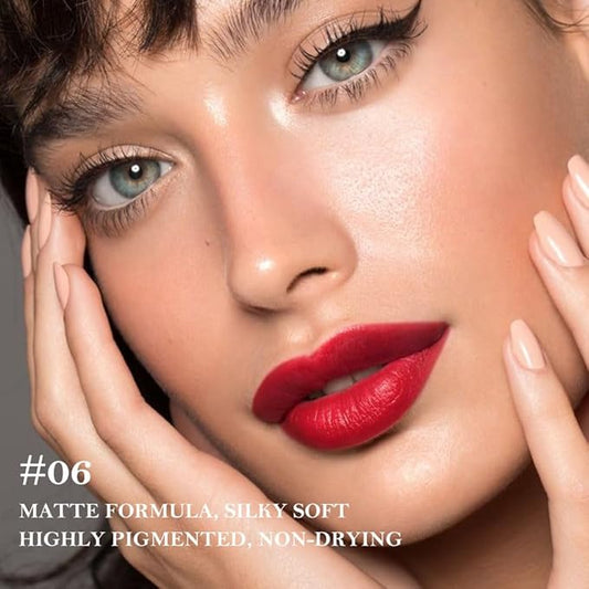 evpct Ruby Red Gradient Matte Lipstick Lip Liner Crayon Combo Pencil Set for Women Long Lasting Waterproof, Sexy Red Matte Cream Lip Liner and Lipstick Combo Makeup Flawless Gradual Ombre Effect, A06