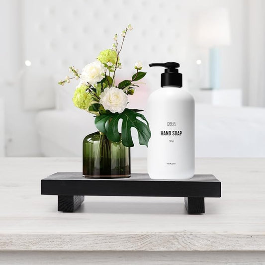 Small Black Bathroom Decor Tray for Counter Dish Soap Holder Wooden Pedestal Stand for Kitchen Sink Soap Dispenser Wood Risers Kitchen Accessories Countertop Vanity Counter Sponge Sink Tray