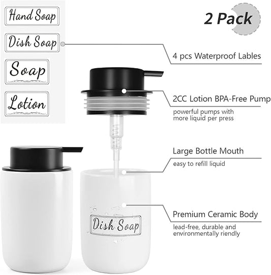 BosilunLife White Soap Dispenser Set - 2 Pack 12oz Ceramic Dish Soap Dispenser with Rust Proof Pump for Kitchen, Hand Soap and Lotion Set Suitable for Farmhouse Bathroom Decor with Waterproof Labels