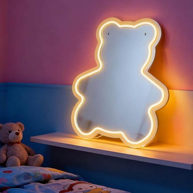 Bear Neon Light Mirror, Adorable Dimmable Acrylic Wall Decor with Warm White Glow, USB Powered Shatterproof Mirror for Girls, Kids Room