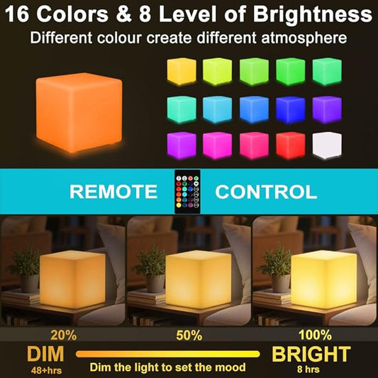 8-in LED Cube Night Light Mood Lamp, Cordless LED Light Cubes for Kid, Rechargeable 16 RGB Colors Changing Light Up Cube Bedside Lamp w/Remote, Waterproof Nursery Kid Stool for Home Patio Garden Party