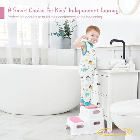 Pink Toddler Step Stool for Toilet, Two Step Stool for Kids Bathroom with Handle for Potty Training, Non-Slip Girls Small Heavy Duty Plastic Stool for Sink Bed Kitchen Counter (White-Pink)
