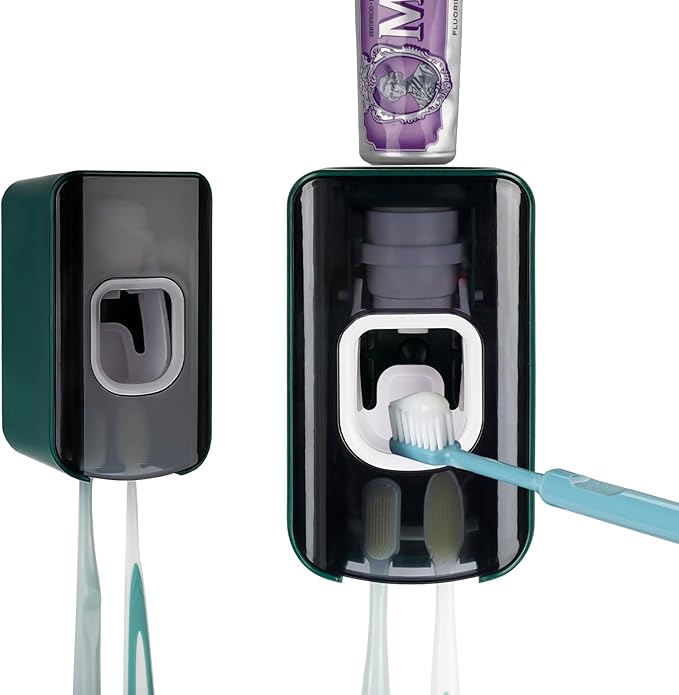 2 Slot Toothbrush Holder and Toothpaste Dispenser Wall Mounted, Automatic Toothpaste Squeezer, 2 in 1 Tooth Brush Toothpaste Organizer for Shower (Green 2Pack)