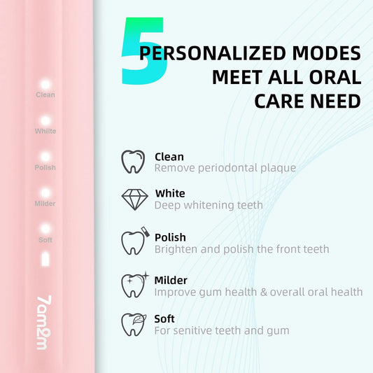 7AM2M Ultrasonic Electric Toothbrush for Adults and Kids, USB-C Rechargeable with 4 Brush Heads & 5 Modes, One Charge for 90 Days, 40000 VPM High-Powered, 2 Minutes Built-in Smart Timer, Pink