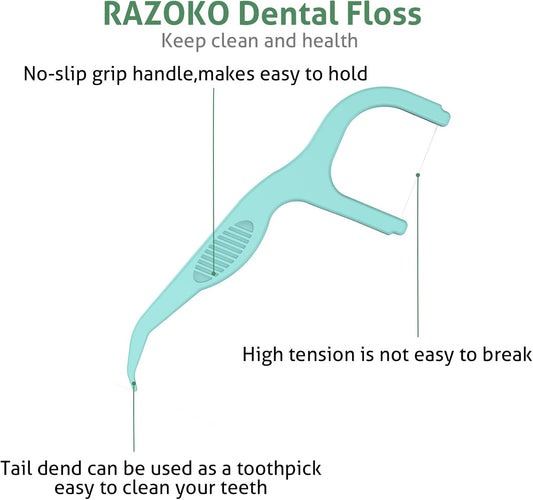 RAZOKO Dental Floss Picks Extra Strong Flosser Pick Toothpicks Fresh Mint 200 Count