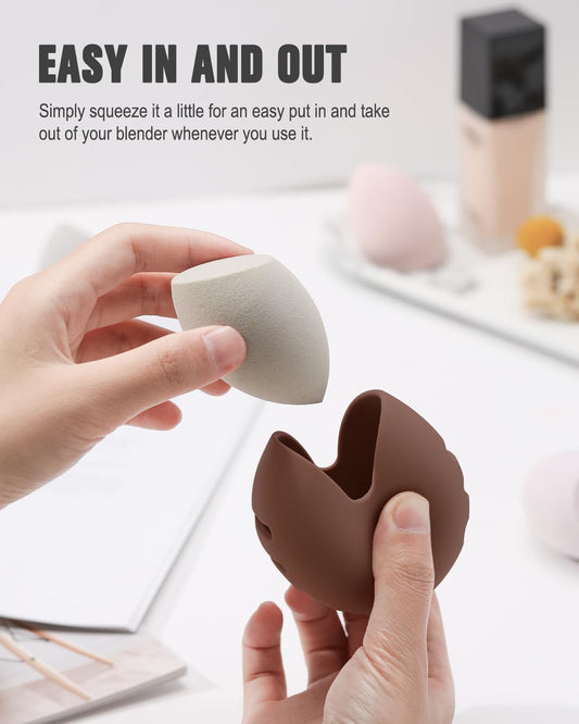 FERYES Makeup Sponge Holder – Shatterproof Eco-Friendly Silicone Beauty Make Up Blender Case for Travel - Brown