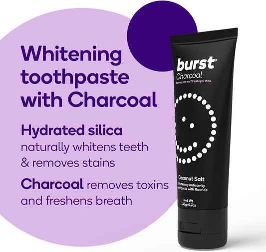 BURST Charcoal Whitening Toothpaste for Adults (4.7oz) | for Sensitive Teeth with Cavity Fighting Fluoride & Xylitol |Vegan | Gluten & SLS Free | Coconut Salt
