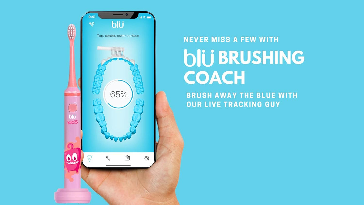 Blu Smart Bluetooth Enabled Kids Toothbrush with Live Tracking App to Teach Children Healthy Brushing Habits, Share Results with Your Dentist, Wireless Rechargeable Electric (Pink)