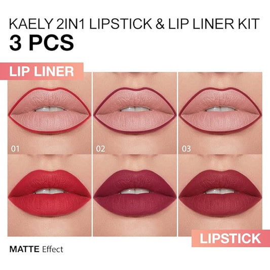 evpct 3Pcs Ruby Dark Wine Red Gradient Matte Lipstick Lip Liner Crayon Combo Pencil Set for Women Long Lasting Waterproof, Cream Lip Liner and Lipstick Combo Makeup,Flawless Gradual Ombre Effect