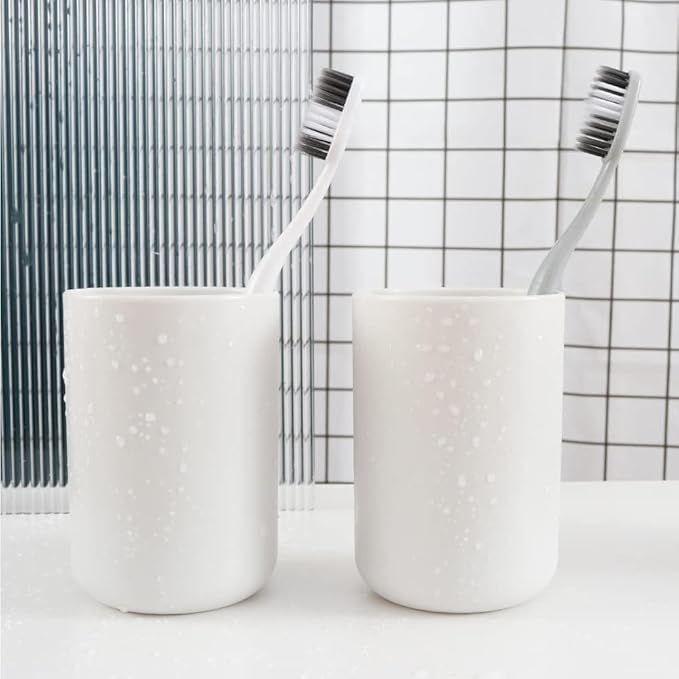 Round Plastic Toothbrush Cups - Couples Wash Cups with Mouthwash Compartments (White)