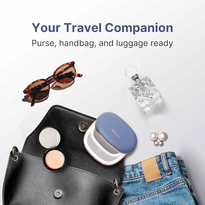 Fancii Mila 2 LED Lighted Compact Makeup Mirror, Rechargeable, 10x /1x Magnifying, Tru-Glow Light System, Vegan Leather, Small Travel Mirror for Purses (Harbor Blue)